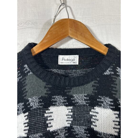 Vintage Sweater Large Black White Gray Geometric Print Crew Neck USA - Picture 6 of 10